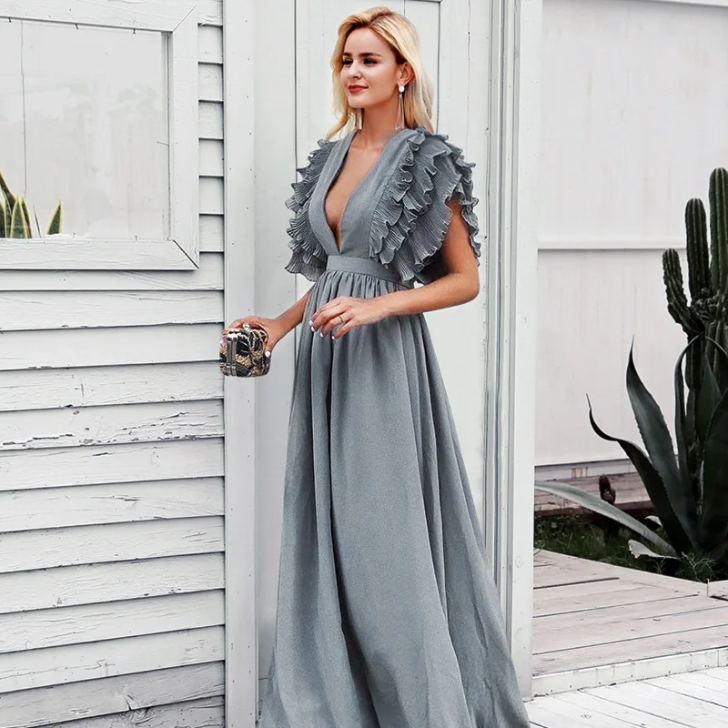 

Ruoru Sexy V Neck Dresses Grey Black Red Color Ruffle Dress Elegant Party Maxi Dresses for Women Vestidos Robe Femme Club