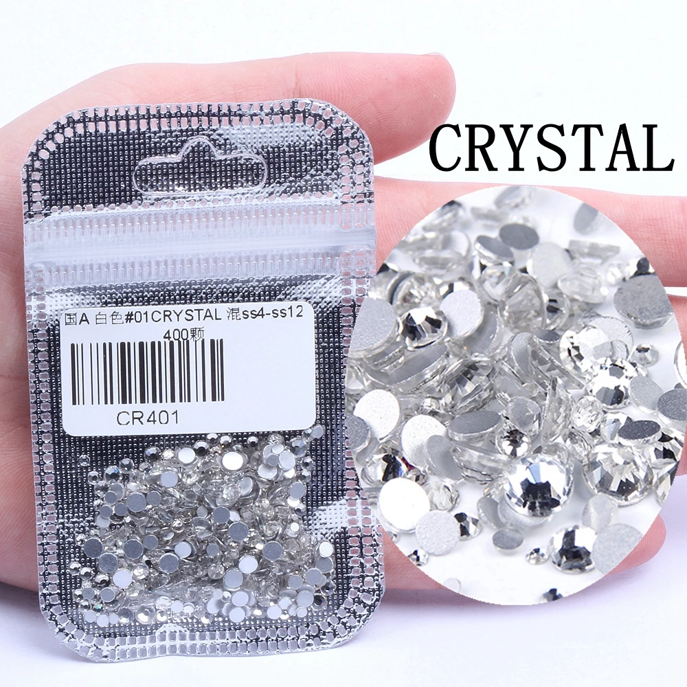 01 CRYSTAL 400 шт, 60 цветов, разные размеры, ss4-ss12, для дизайна ногтей, не горячей фиксации, хрустальные стразы, сделай сам, плоские с оборота, 3D стеклянные украшения для ногтей, стразы - Цвет: 01 CRYSTAL