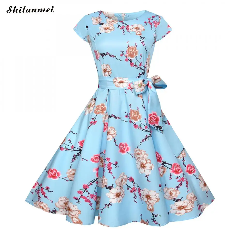 Для женщин Цветочный принт синий миди платья 2018 элегантные летние О-образный