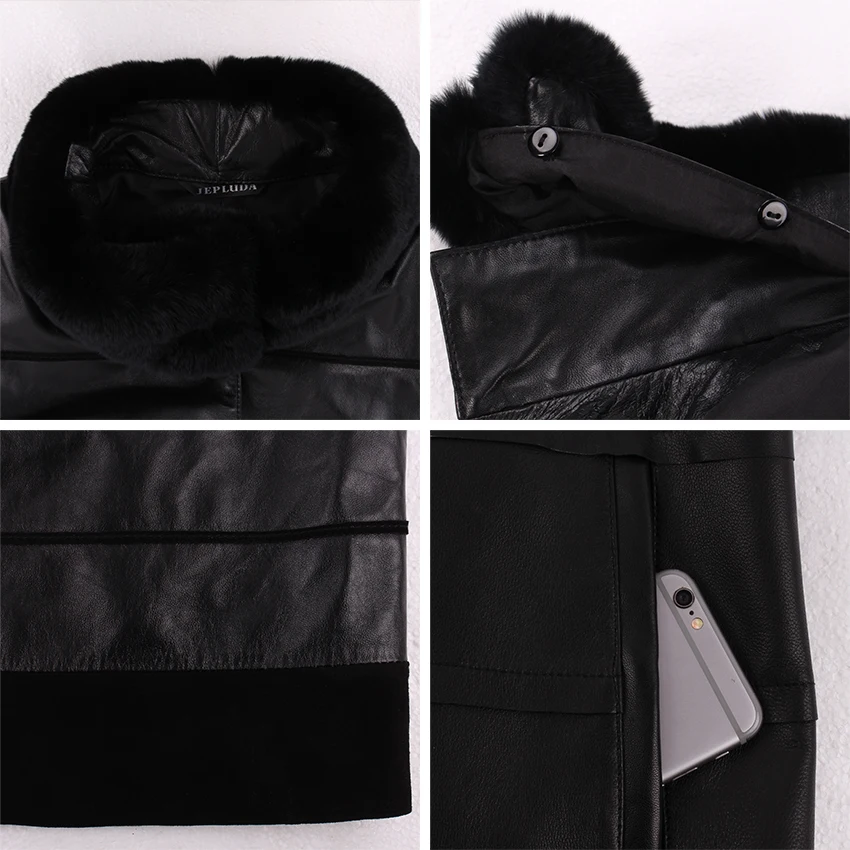 JEPLUD кожаная куртка Пальто Стоика Воротник с Рекс Кролика Съемный Женский Кожиный