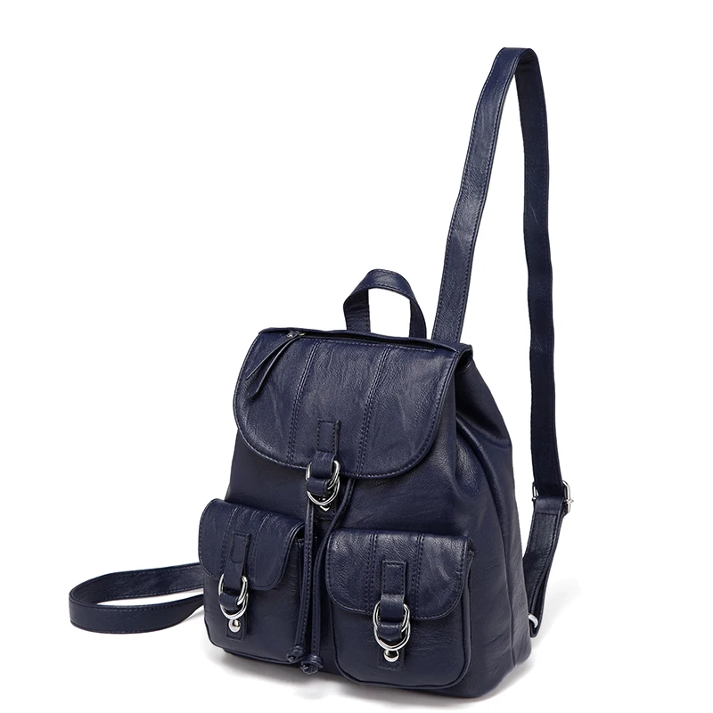 Mini-navy VASCHY мини кожаный рюкзак для женщин повседневный мягкий женский рюкзак кошелек Роскошный рюкзак для девочек рюкзак на шнурке - Цвет: Mini-navy
