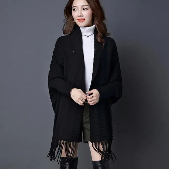 Women Sweaters And Cardigans Tassel Ponchos Capes Knit Long Bat Sleeve Colorful Shawl Female To Wear Wrap Swing Sweater |