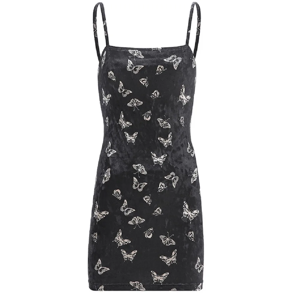 FREE OSTRICH Women Dress Sexy Butterfly Velvet Suspender Sleeveless Slim Fit Mini Fashion Dignified Summer | Женская одежда