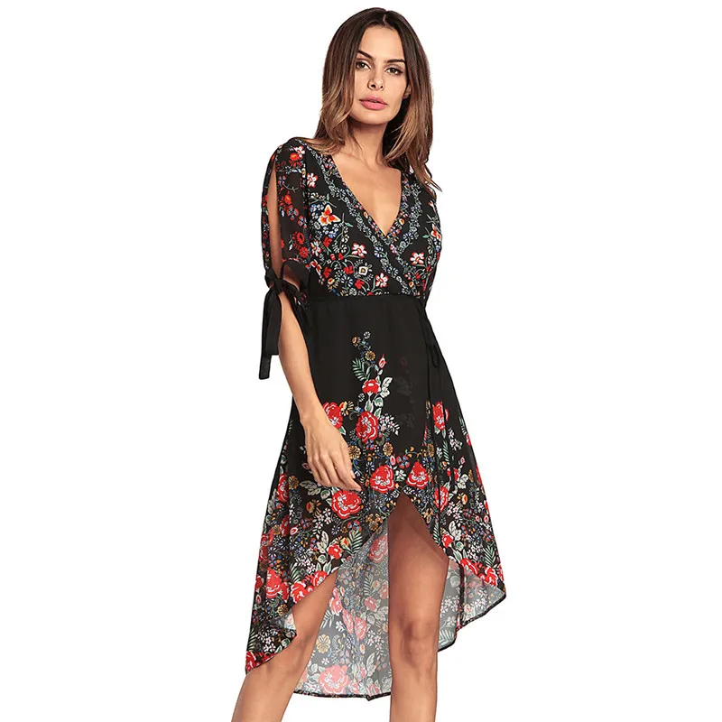 Шифон Boho платье Для женщин 2018 новый принт черные гольфы Длина летнее