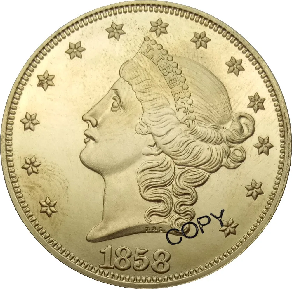

Золотые монеты США за 20 долларов, 1858, 1858, 1858 S, голова свободы, двойной Орел без девиза TWENTY D. Латунные копии монет