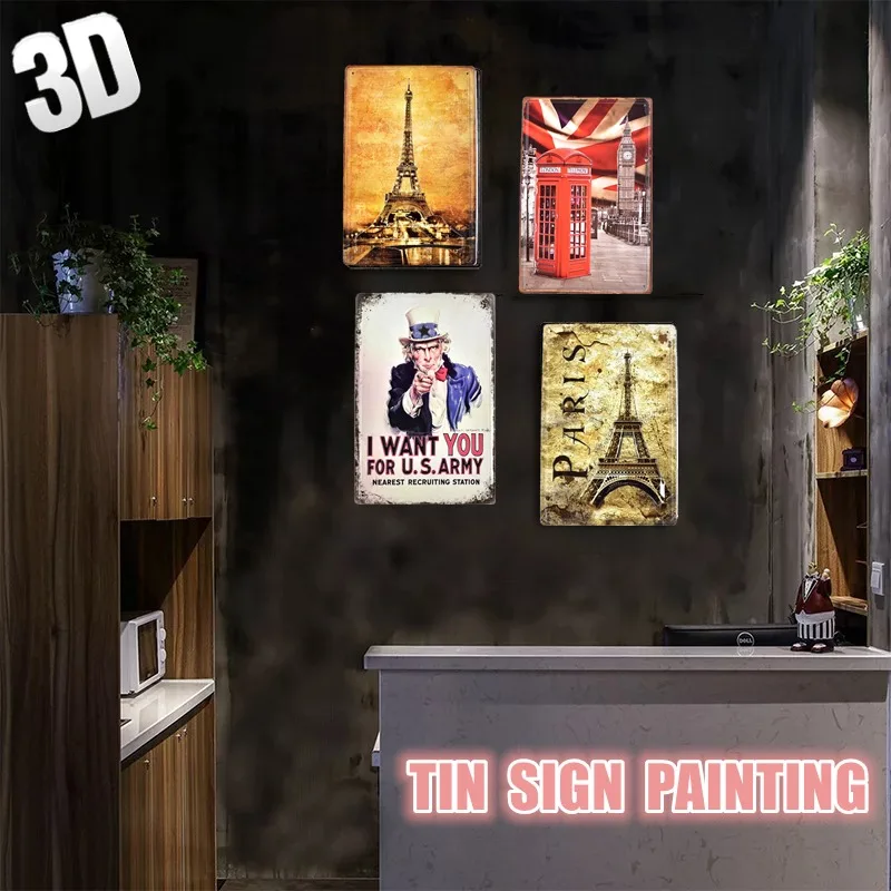 3D знаменитых людей зданий Стиль жестяная вывеска живопись бар паб кафе клуб