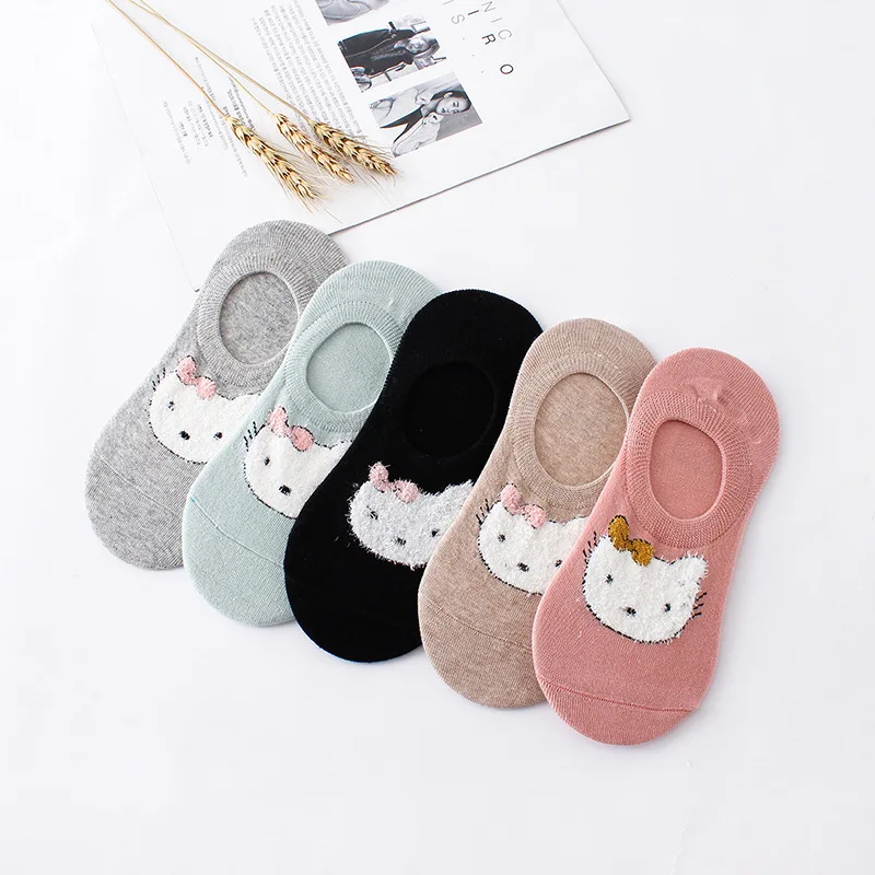Женские хлопковые нескользящие силиконовые Летние Носки с рисунком котенка