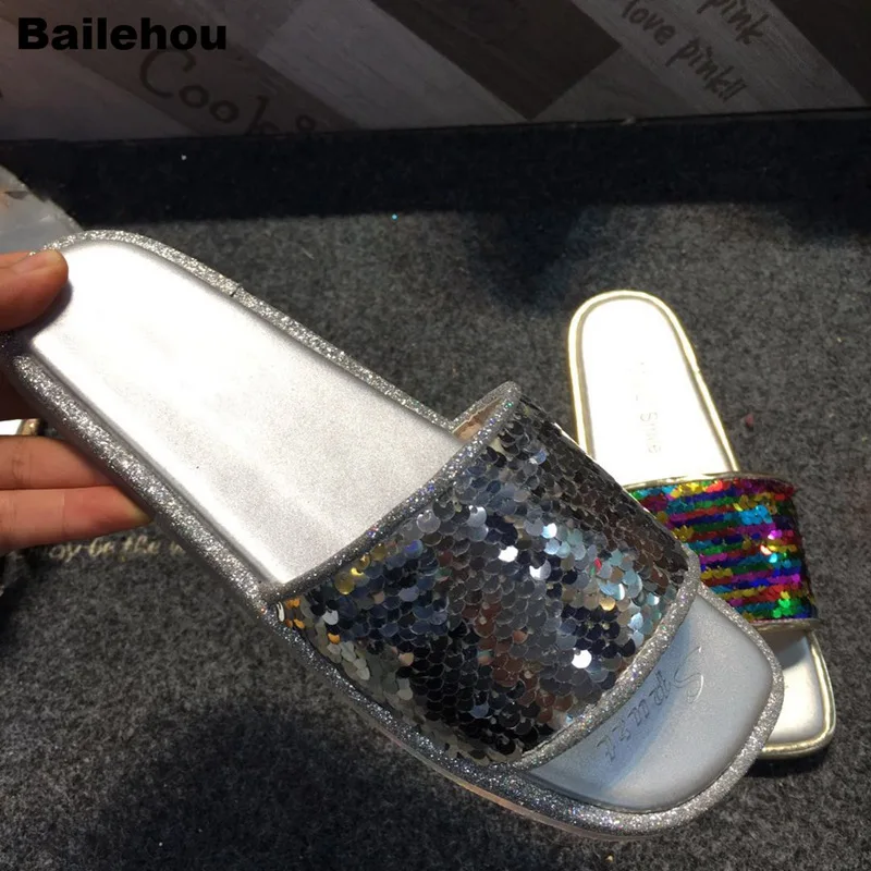 Bailehou/летние шлепанцы для женщин Bling блестками ткань пляжные направляющие