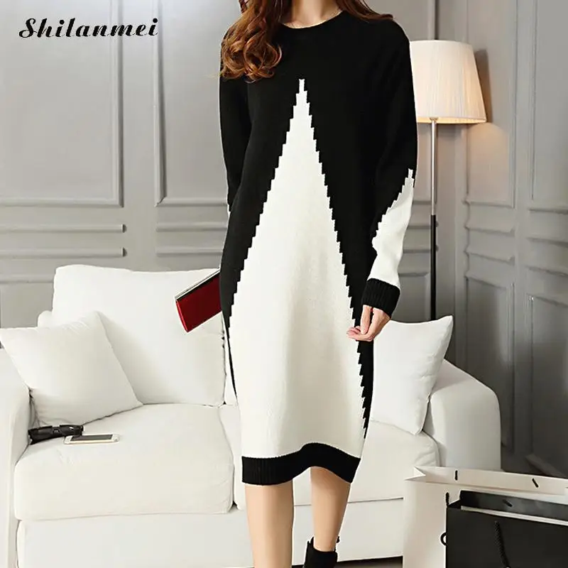 2019 черно-белое лоскутное Повседневное платье миди с длинным рукавом элегантный