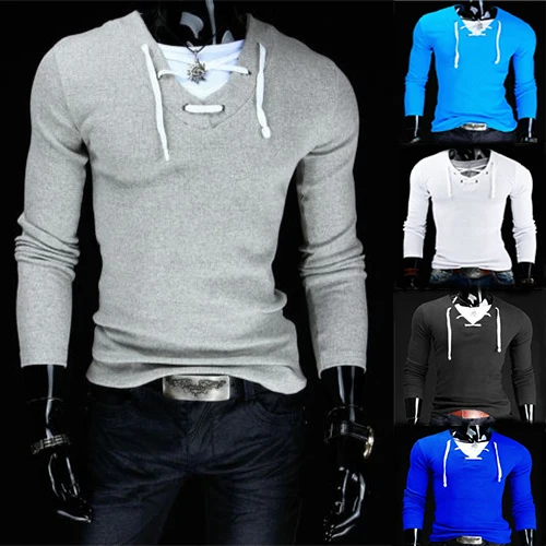 New Arrival Free Shipping 2015 Men Long Sleeve T-shirts Solid V-Neck Casual M-XXL 13T05 | Мужская одежда