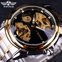 winner 2016 new design men watches top brand luxury watch half skeleton black golden transparent fashion casual mechanical watch