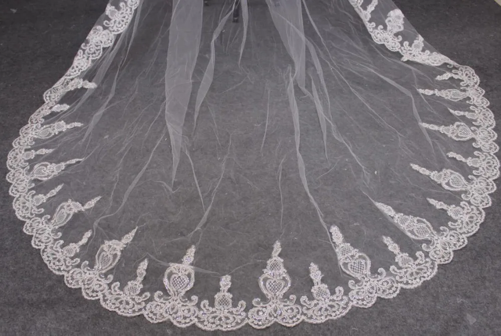 Новый 3 м кружевной крайний слой Соборная вуаль Длинная фата невесты для свадьбы