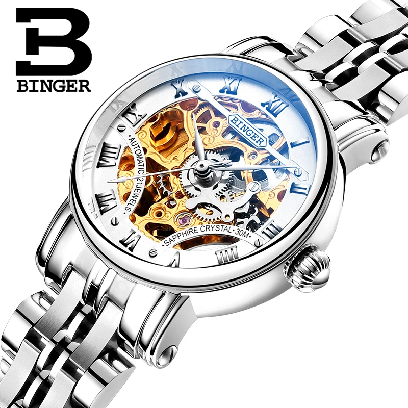 Double Skeleton Mechanical Wristwatches Switzerland luxury Women s Watches BINGER Brand Sapphire Stainless Steel Clock B-5066L-1