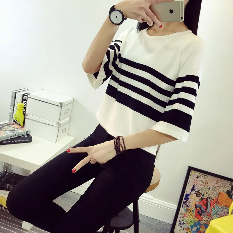 Spring and summer pullovers new Korean version of the striped sleeve loose large yards bat thin sweater women's 7553 | Женская