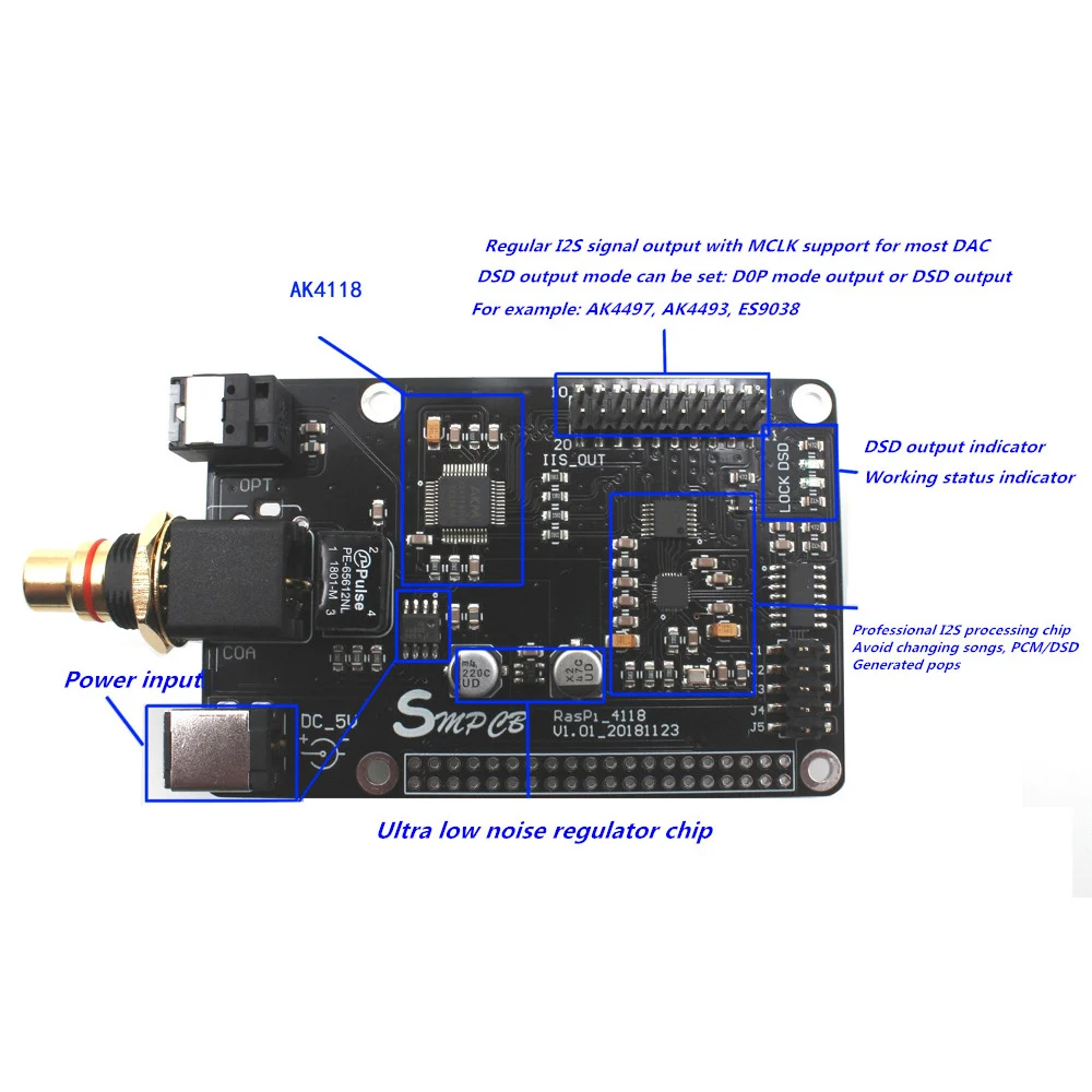 AK4118 коаксиальный HIFI звуковая карта DAC ies DSD цифровой вещания 32 бит PCM384 для raspberry pi 3B B+ 3B+ G5-001