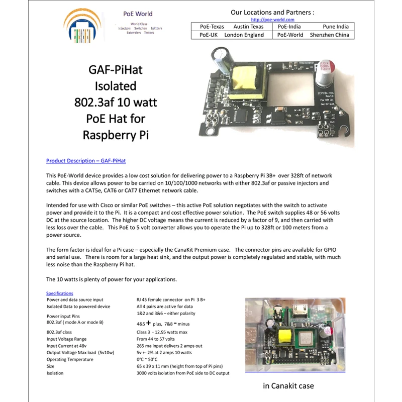 Материнская плата Raspberry PI 5 в 10 Вт изолированная материнская GAF PiHat 802.3af PoE для Pi 3B + и