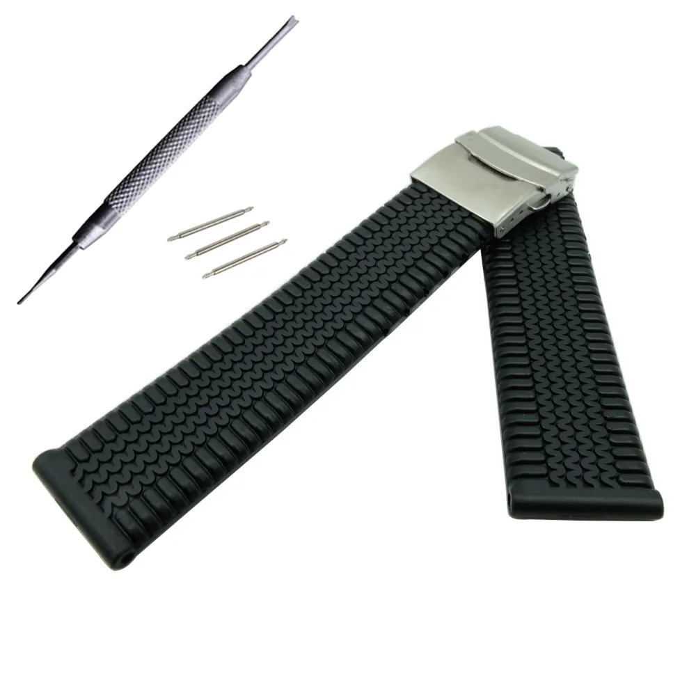 20 22 mm Rubber Watch Band Strap Straight End Bracelet Stainless Steel Double Folding Clasp Watchband For Any watchband | Наручные часы