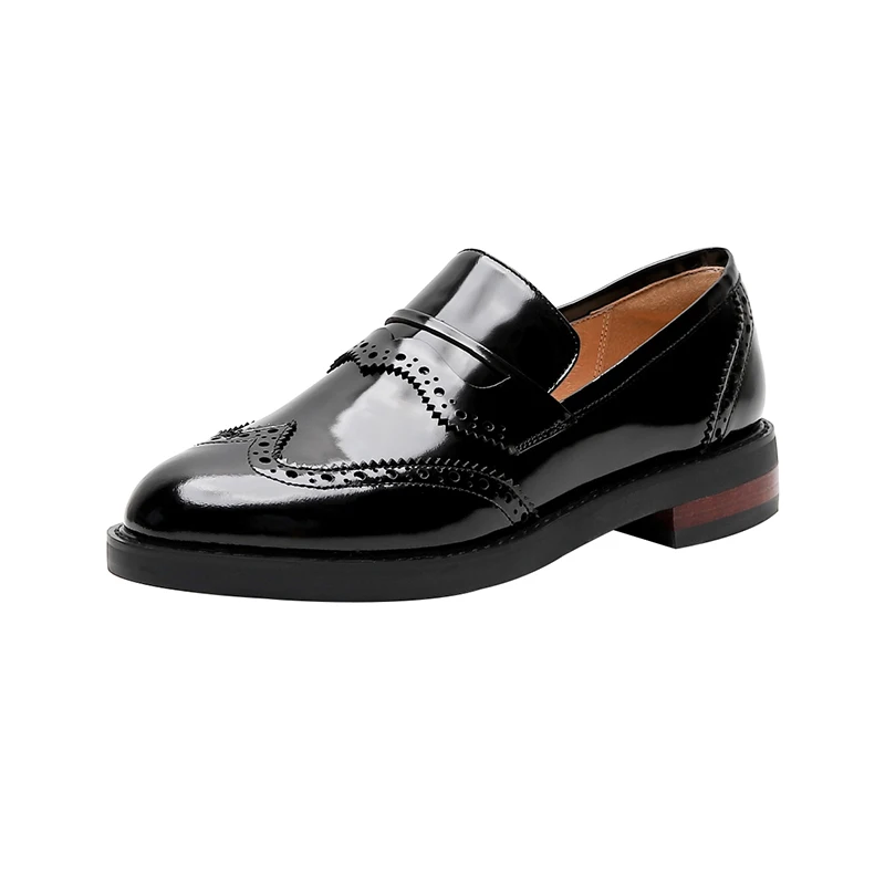 Black Patent Leather XiuNingYan/Женская обувь; Роскошная Брендовая обувь из натуральной кожи; женская обувь с перфорацией типа «броги» на плоской подошве; Модные женские повседневные оксфорды ручной работы; Пенни-лоферы - Цвет: Black Patent Leather