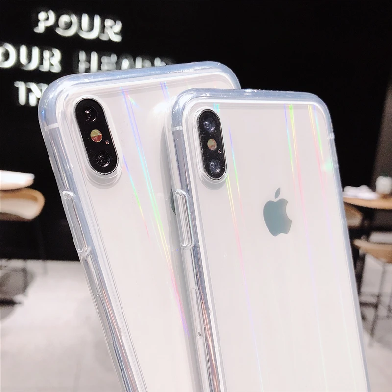 Модный градиентный Лазерная Радуга чехол для iPhone X XS Max XR прозрачный жесткий Капа