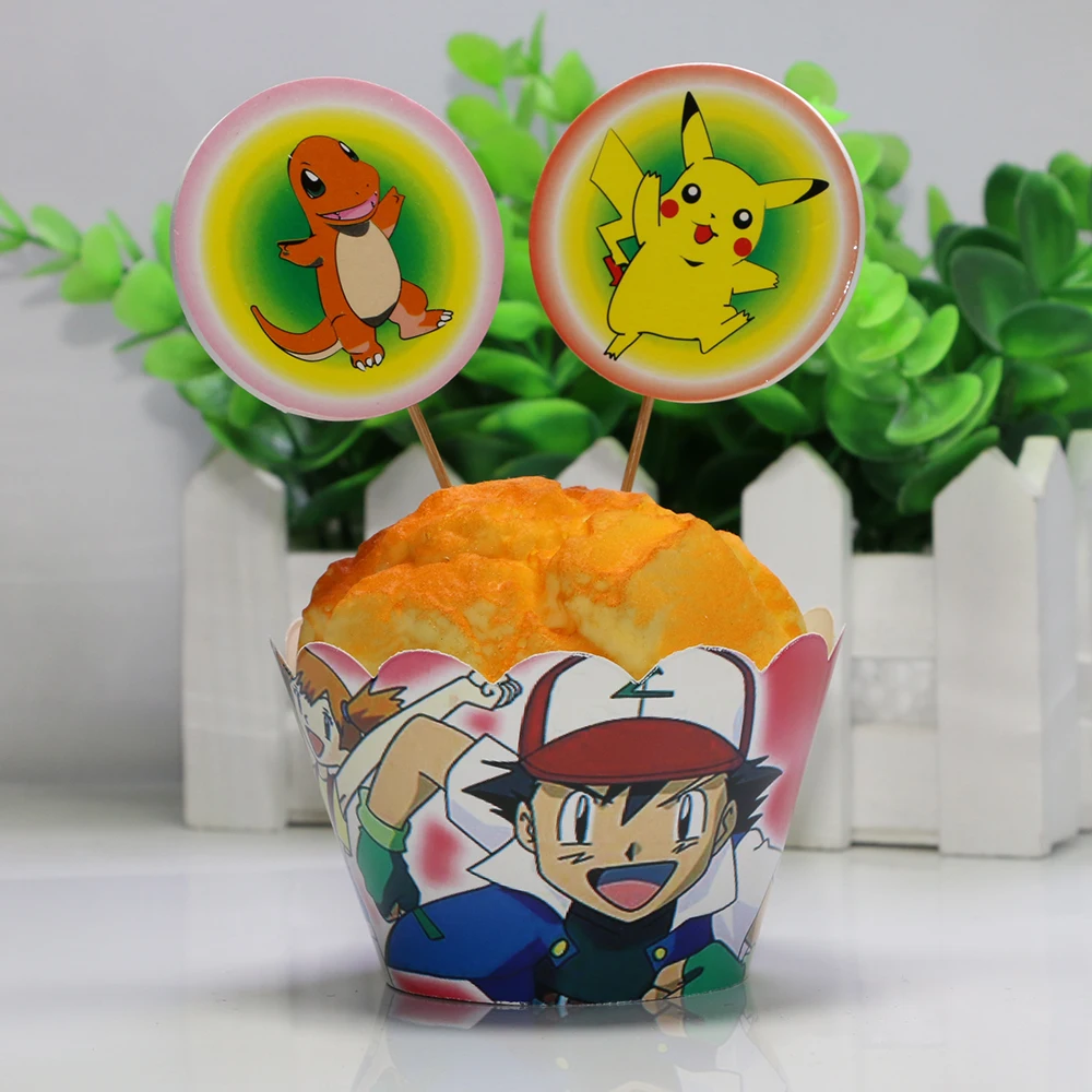 12 комплектов Pokemon Go Пикачу бумажные обертки для кексов и топов детей день