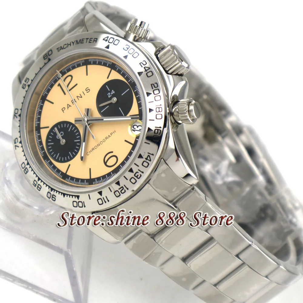 39mm PARNIS Beige dial sapphire glass date full Chronograph quartz mens watch | Наручные часы
