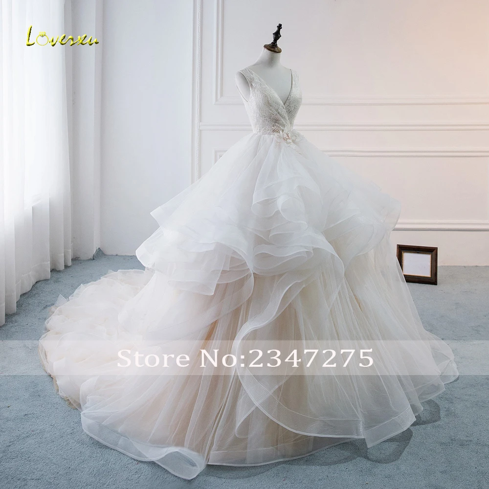 Loverxu Vestido De Noiva бальное платье с оборками свадебное платье Элегантное свадебное платье с v-образным вырезом свадебный букет со шлейфом, кружевное винтажное свадебное платье