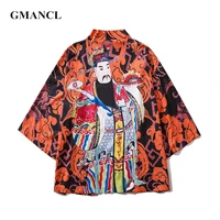 mens new chinese god of wealth kimono shirt japanese summer cardigan jackets patterns printed open stitch harajuku style coats