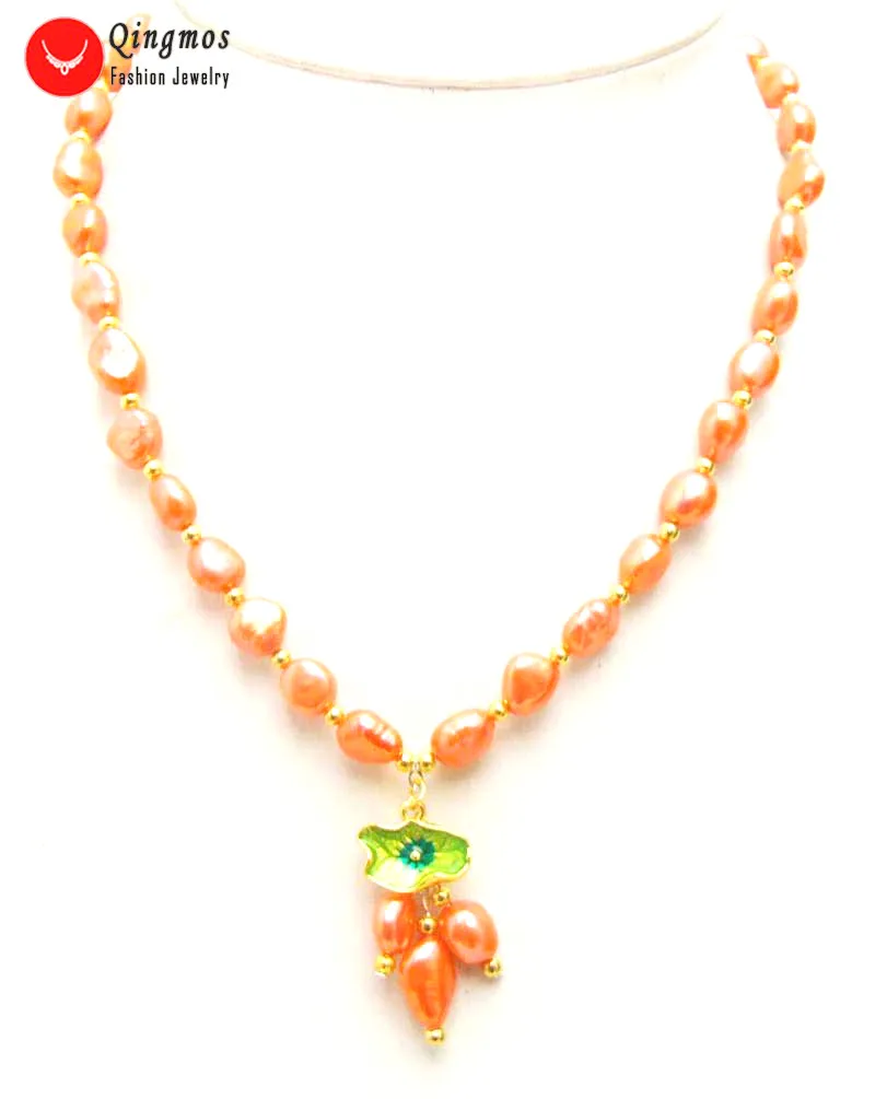 

Qingmos Natural Pearl Necklace for Women Jewelry with 7-9mm Bright Pink Baroque Pearl & Lotus Leaf Pendant Necklace 17" nec6006