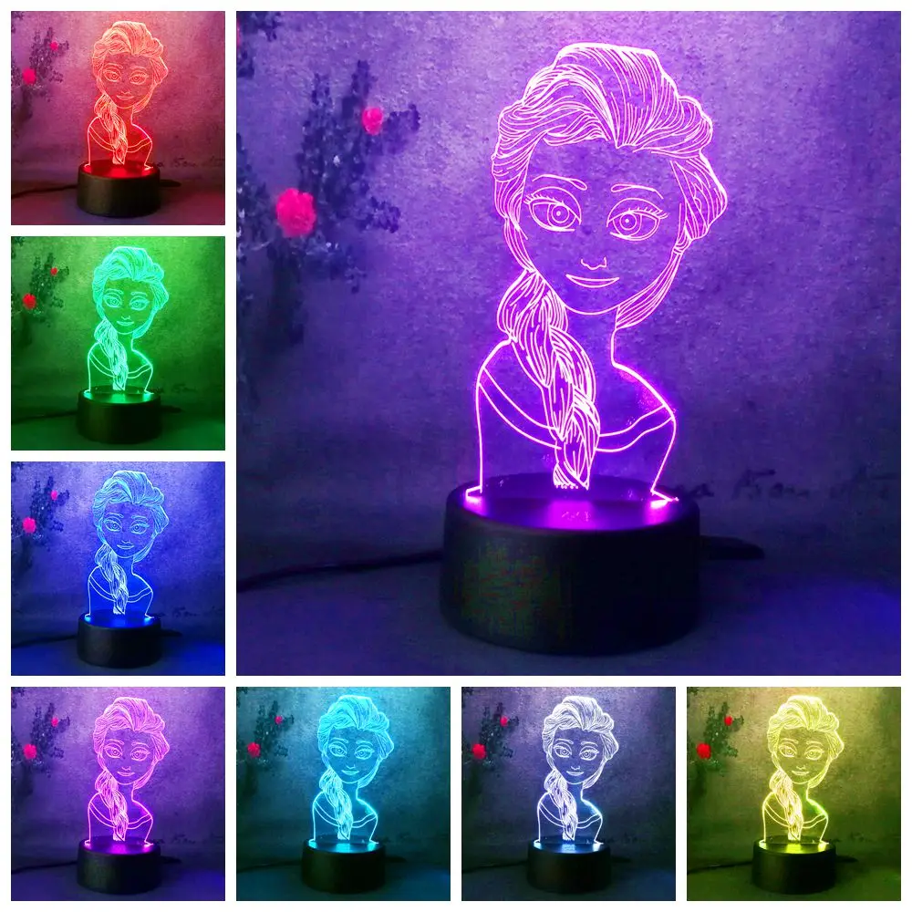 3D Cute Girl Gift Elsa Night Light Snow Queen Bedside Table Lampara Touch Change Bedroom Xmas New Year | Лампы и освещение
