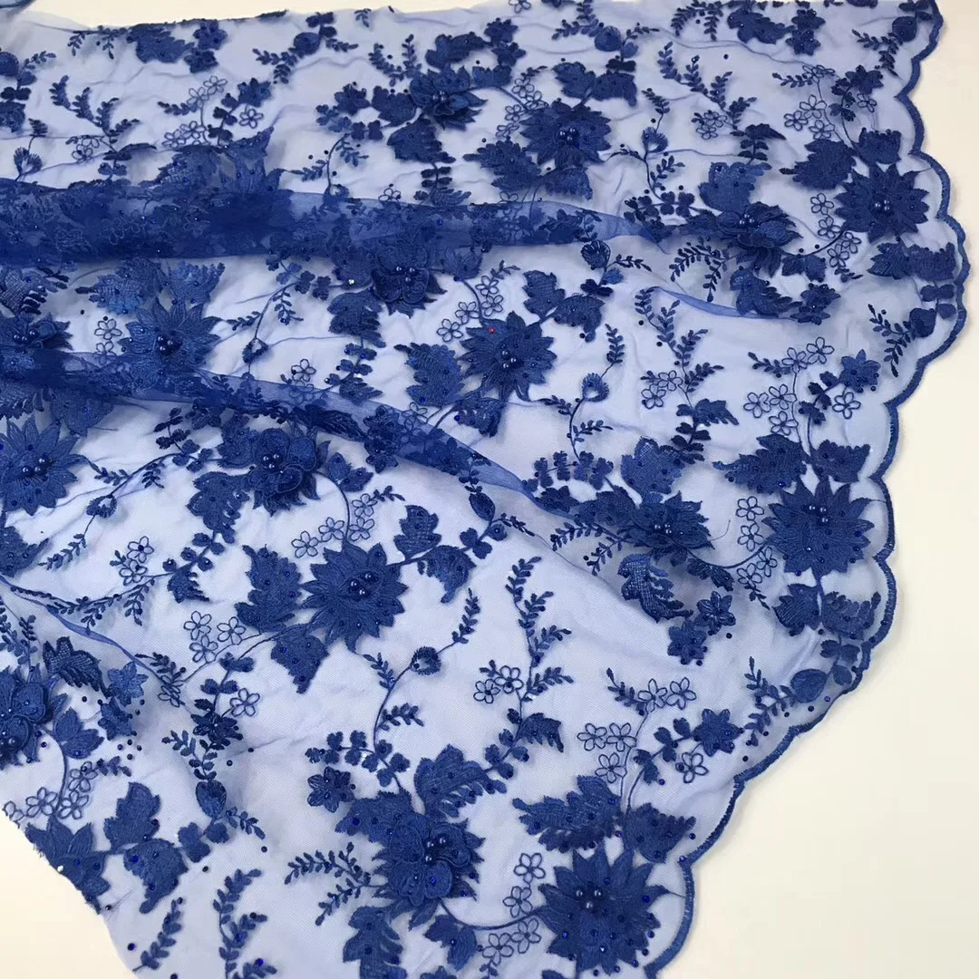 Синяя 3D кружевная ткань с бисером и камнями высокого качества африканская Тюль