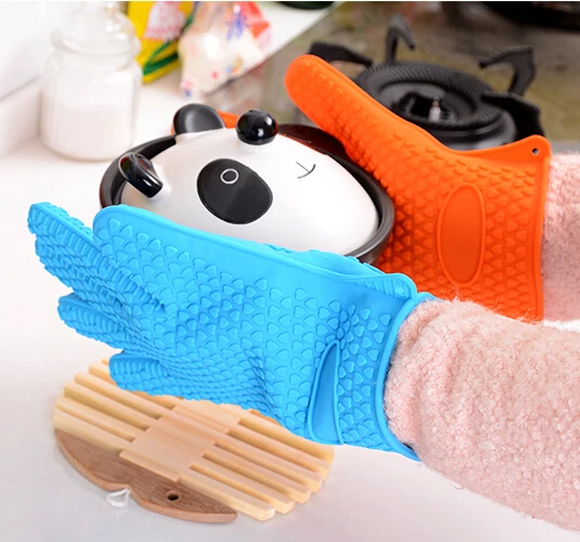

2pcs/set Heat Resistant Silicone Glove Cooking BBQ Oven Pot Holder Mitt Kitchen Five Fingers Insulated Slip Baking Tools Glove