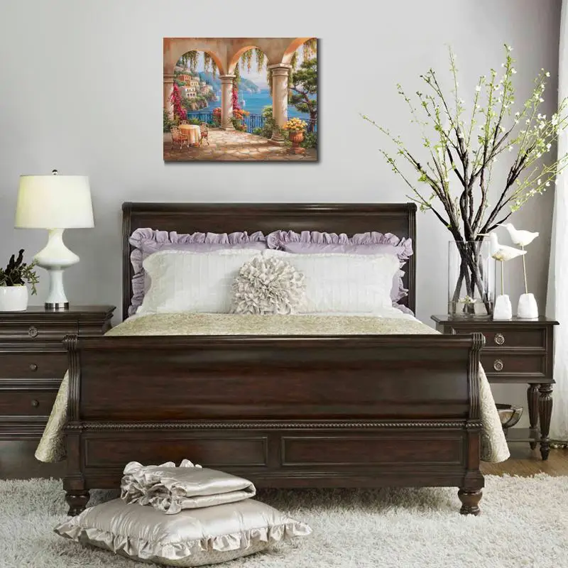 Kopen Wall Art Canvas Kustlijn Mediterrane Olieverf Terras Arch Moderne Landschappen Foto's Voor Room Decor Handgemaakte Kunstwerk