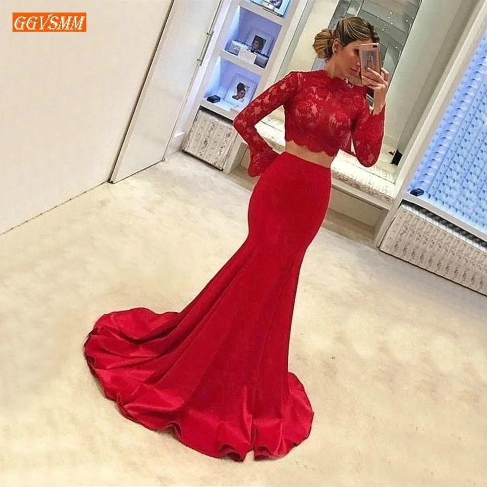 

Сексуальное красное платье-Русалка из двух частей, платье для выпускного бала с длинным рукавом и высоким воротом, вечернее платье с кружев...