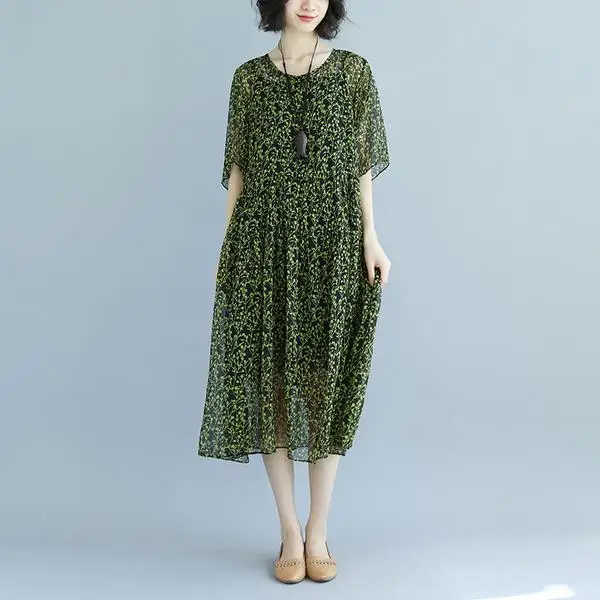 BUYKUD элегантные летние платья женские зеленые с коротким рукавом круглым вырезом