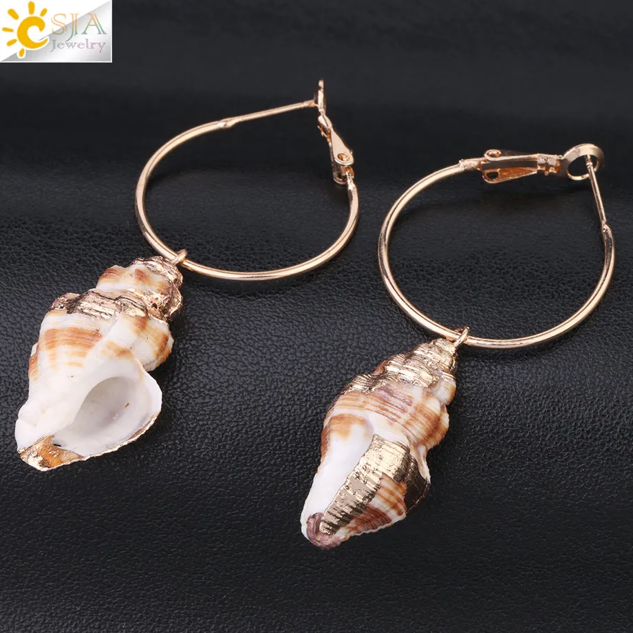 Женские серьги кольца CSJA Boho маленькие обручи золотистого цвета с натуральным