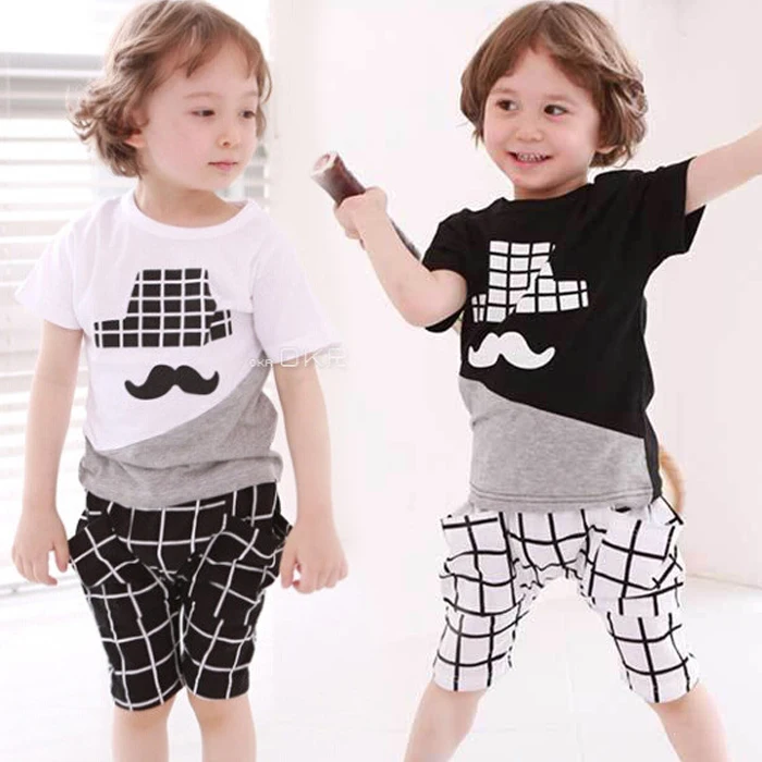 Kids boy good set summer 2018 children boys patchwork print sports T-shirt + plaid shorts clothes 2-7 years ! |