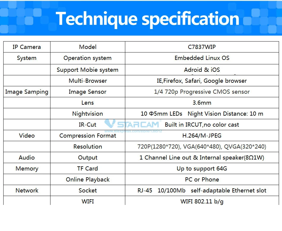 VStarcam HD 720P Wifi IP камера с использованием Приложения eye4 CCTV Wifi камера с поддержкой карты 128 ГБ, беспроводная камера ночного видения P2P Onvif Cam C7837WIP