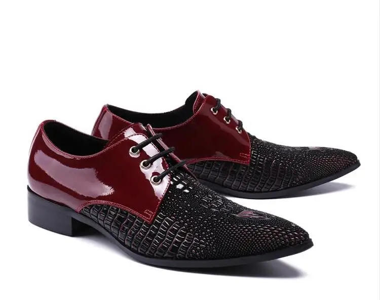 Lace-Up Med Heeled Men's Genuine Leather Dress Shoes Pointed-Toe Height Increasing Patchwork Stone Pattern Formal Brogue | Обувь