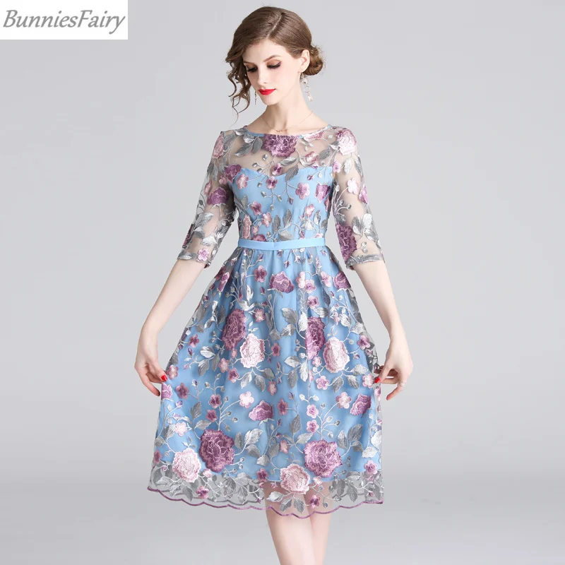 BunniesFairy/ летнее богемное платье в стиле бохо с цветочной вышивкой, прозрачное Сетчатое платье трапециевидной формы, голубое платье
