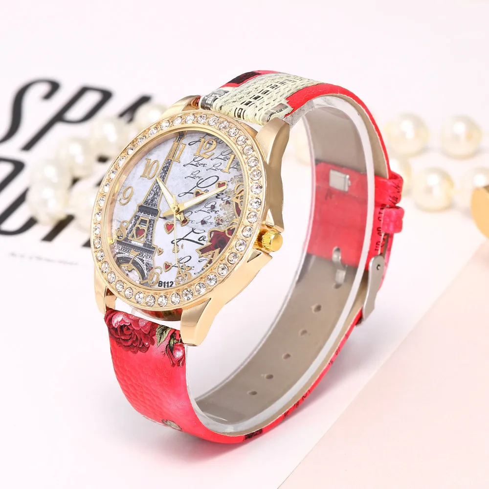 Винтажные часы с Эйфелевой башней Парижа женские модные кристаллами кожаные