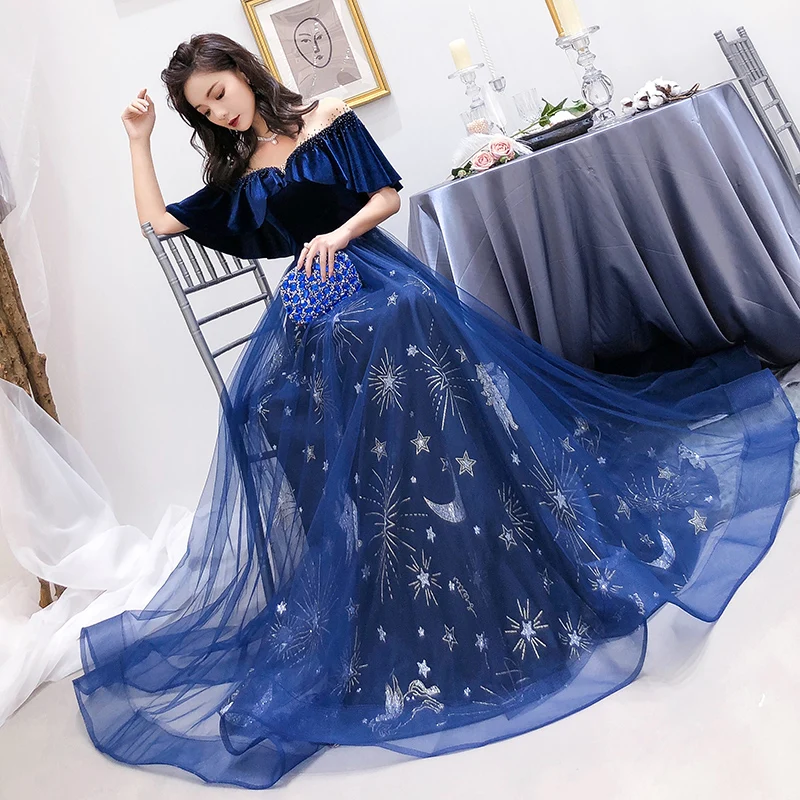 Королевский синий Vestidos De Fiesta De Noche блестящее звездное небо вечернее платье Robe De Soiree элегантные вечерние платья вечернее платье ES2370