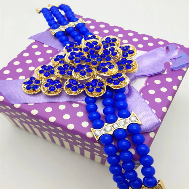 Fashion women Gold-color African Blue Bead Jewelry Set women's wedding jewelry dress bridal accessories earrings necklace ring |
