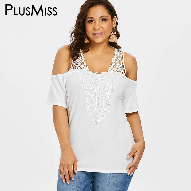 PlusMiss Plus Size 5XL Sexy Off the Shoulder White Lace Crochet Blouse Women Short Sleeve Tops Summer Big XXXXL XXXL XXL |