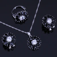 pleasant black cubic zirconia white cz silver plated jewelry sets earrings pendant chain ring v0311