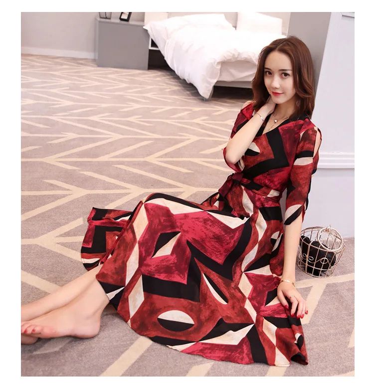 Женское шифоновое длинное платье с принтом на шее открытой спиной 2017 макси