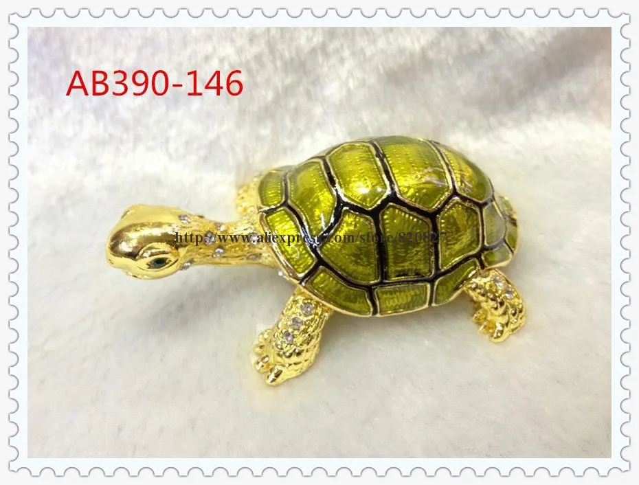 Turtle Trinket Jewelry Box with Sparkling Crystals Longer Neck Metal Enamel Tortoise Trinket Traditional Jewelry Box