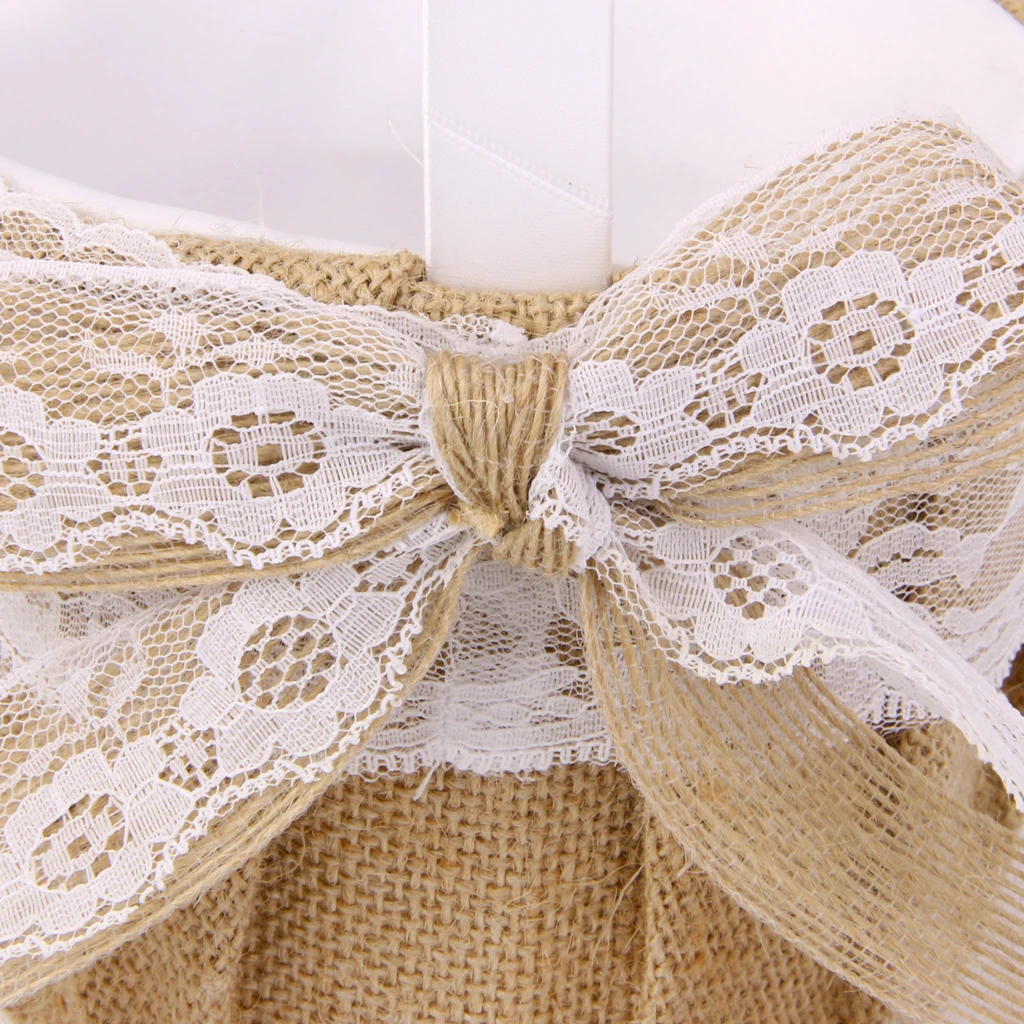 

Vintage Burlap Jute Rustic Wedding Flower Girl Basket Embellishment Flower Pots W. Lace Bowknot Decor