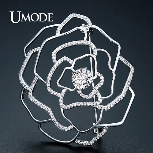 UMODE в форме розы, большие винтажные броши и булавки для женщин, ювелирные изделия для свадебной вечеринки, рождественские подарки, женские броши UX0017 - Окраска металла: White Gold Plated