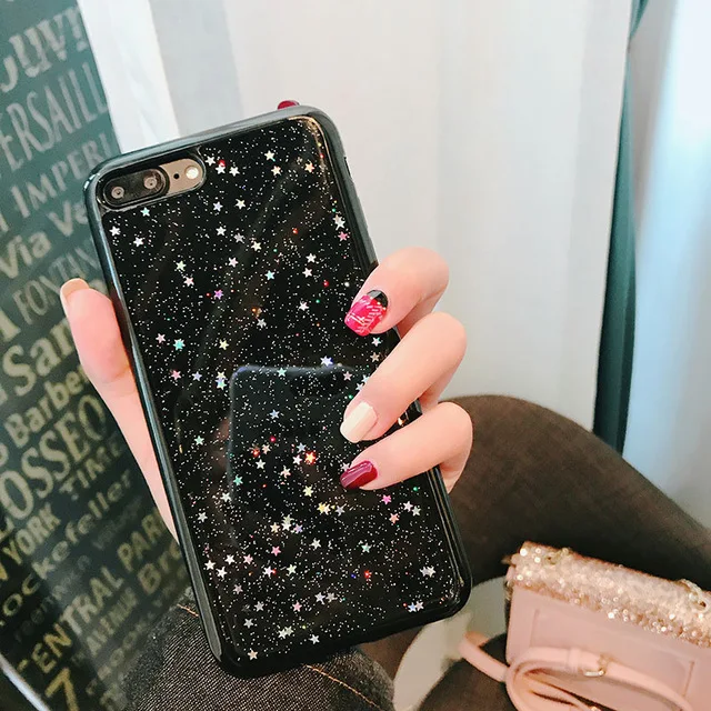 Милый чехол с блестками для iPhone 11 XS Max X, глянцевый эпоксидный чехол со звездами и сердечками для iPhone 6, 6s, 7, 8 Plus, прозрачный мягкий чехол - Цвет: C