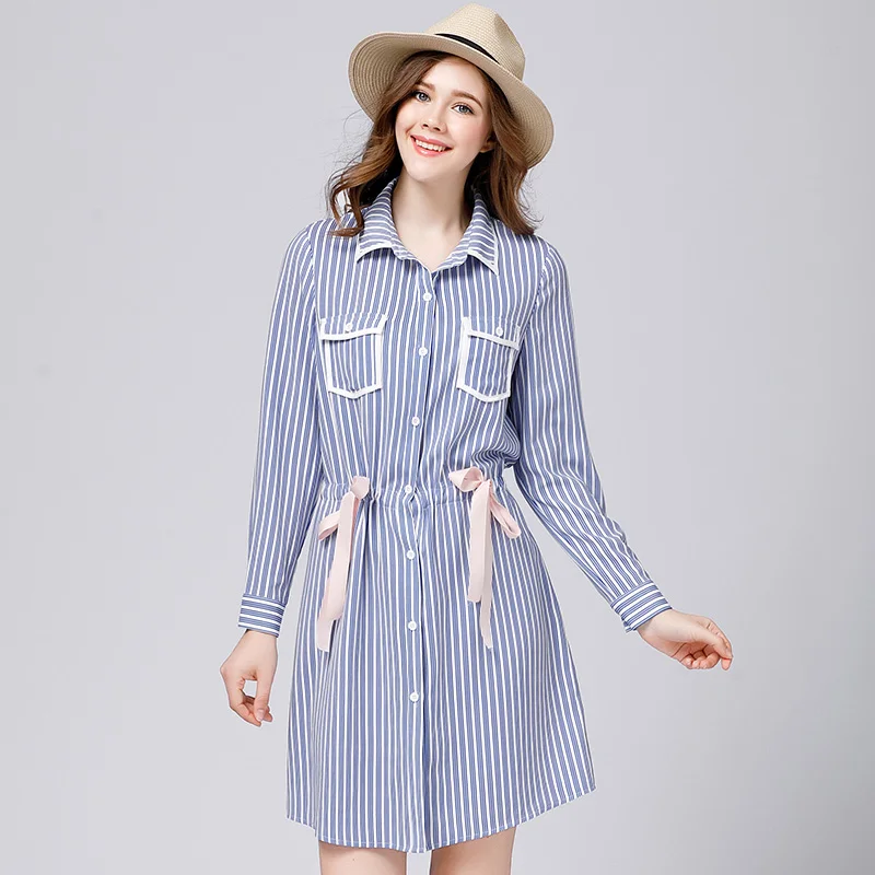 2017 Новый дизайн женские полосатые шифоновая блузка платье Большие размеры весна